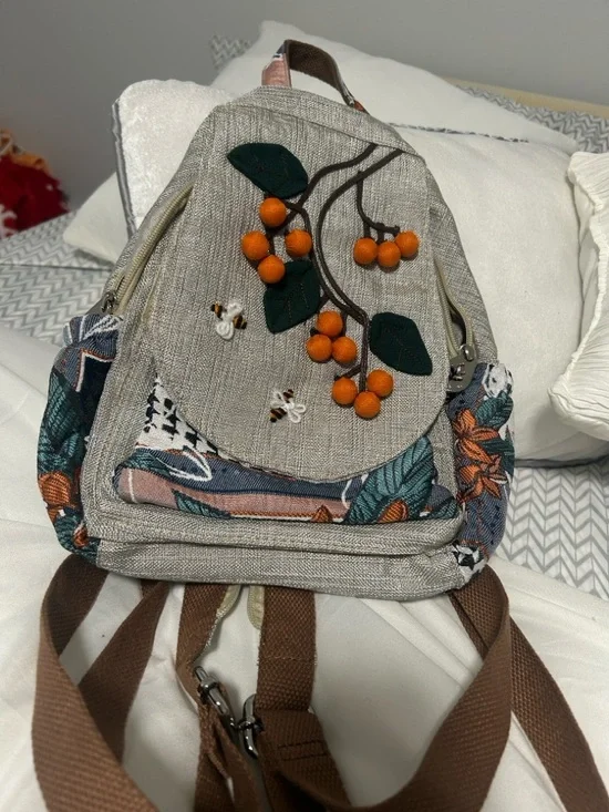 Beige Mini Backpack with Orange Berry Appliqué - Picture 7 of 7